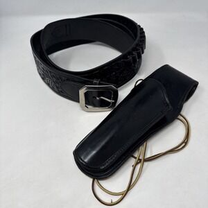 Hunter Hand Carved Revolver Cartridge Belt‎ w/Bucheimer Holster Black Sz Lg LH